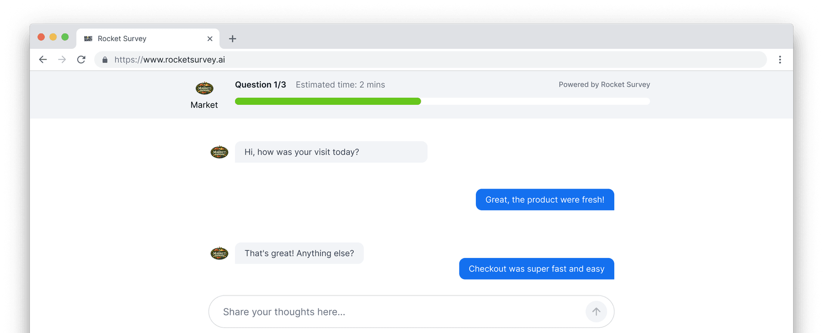 RocketSurvey conversation interface showing AI-powered feedback collection
