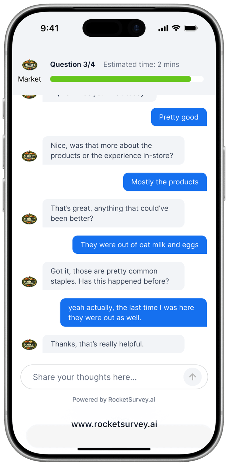 RocketSurvey mobile app showing AI-powered conversational survey with Google Reviews integration